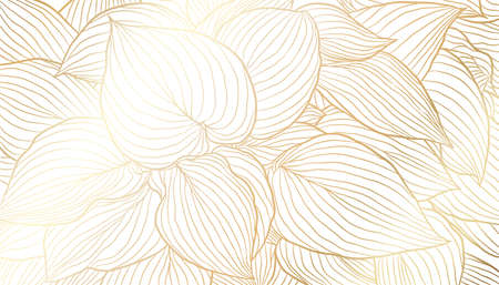 Golden leaves hand drawn line art on white background. Luxury art deco wallpaper design for print, poster, cover, banner, fabric, invitation. Vector digital illustration.のイラスト素材