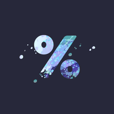 Special symbol percent sign with effect of liquid spots of paint in blue, white, purple colors on dark navy background.のイラスト素材