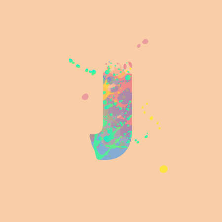Letter J with multicolored mixed spots of pink, yellow, blue, turquoise paint on peach background. Design for banners, flyers, tags, decorations, poster or invitation.のイラスト素材