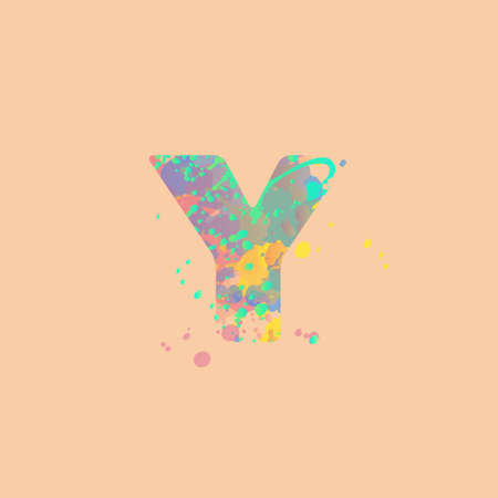 Letter Y with multicolored mixed spots of pink, yellow, blue, turquoise paint on peach background. Design for banners, flyers, tags, decorations, poster or invitation.のイラスト素材