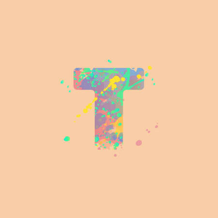 Letter T with multicolored mixed spots of pink, yellow, blue, turquoise paint on peach background. Design for banners, flyers, tags, decorations, poster or invitation.のイラスト素材