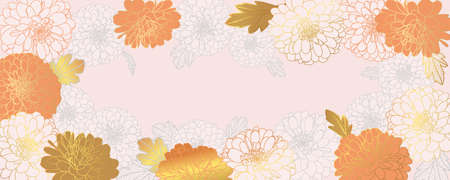 Luxury gold floral wallpaper design chrysanthemum flowers in pink, grey, terracotta colors. Vector digital illustration for wedding, banner, card, cover, packaging design with copy space for text.のイラスト素材