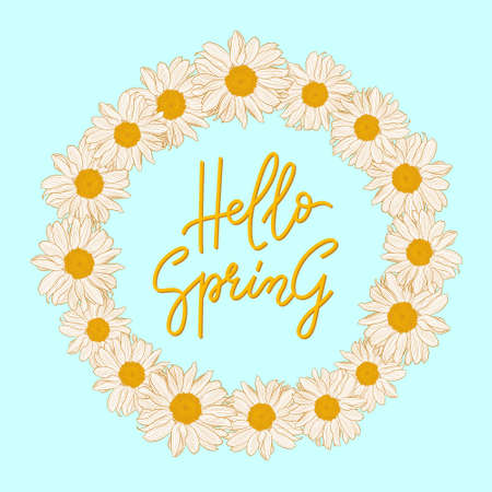 Lettering - Hello Spring - with decorative floral frame, vector illustration. Greeting card with a...