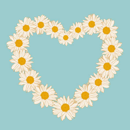 Floral wreath from daisies in the shape of heart on blue background. Vector illustration element with copy space, may use for greeting cards, invitations, wedding, birthday, easter, package design.のイラスト素材