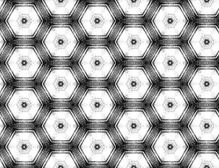 Seamless hexagon textured pattern with kaleidoscope effect. Symmetric abstract geometric ornament in...