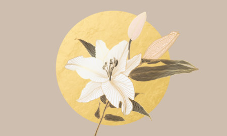 Lily flower pattern with golden metallic outline colored in neutral brown, white, pink and gold foil circle moon behind. Design in Art Deco style for printing, poster, invitations, postcards.のイラスト素材