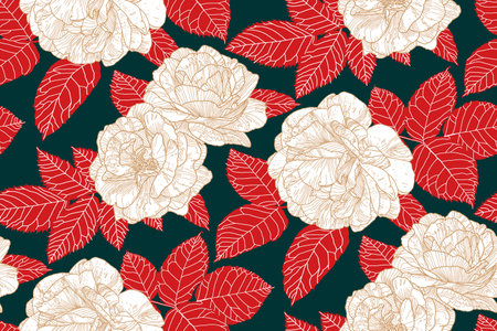 Floral seamless pattern with white and beige roses and red leaves on dark blue green backdrop. Hand drawn contour lines. Wallpaper design for textiles, paper, print, fashion, fabric, card backgroundのイラスト素材