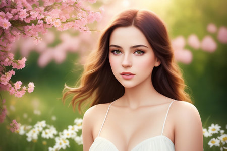 Portrait of a beautiful young woman with green eyes and dark long hair, with flowers against the backdrop of a flowering meadow at spring, cinematic, photorealism. AI generated.の素材