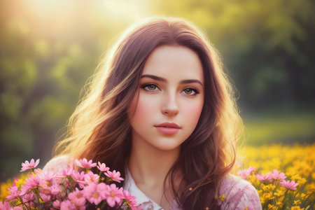 Portrait of a young woman, white, long hair, looking at camera, outdoors with flowers against the backdrop of a flowering meadow at spring, cinematic, photorealism. AI generated.の素材