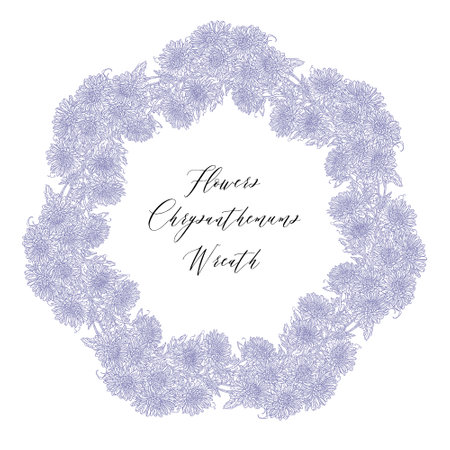 Hand drawn chrysanthemum flower wreath, vector illustration, ornate design for invitation or wedding decor, label, branding, greetingsのイラスト素材