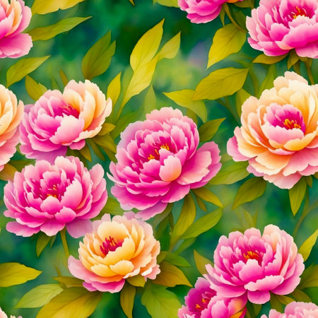 Watercolor Floral Seamless Pattern with Yellow and Pink Peonies with Green Leaves. Wallpaper Design for Textiles, Interior, Clothes, Wedding Invitations, Postcards, Greetings. AI Generatedの写真素材