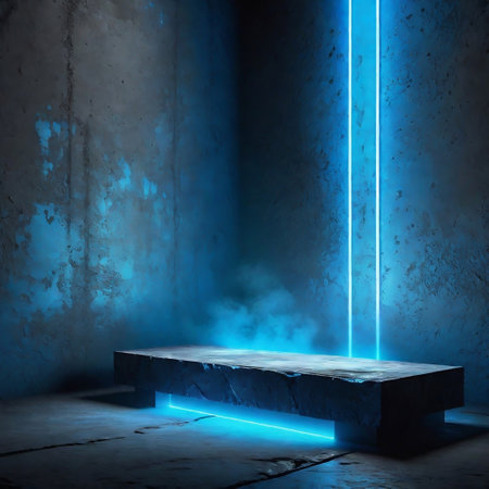 A Podium in the Empty Room with Rough Gray Concrete Walls, Floor and Ceiling lit by Neon Blue, Volumetric Lighting, 3D Rendering. Dark Grunge Background for Display Productsの素材