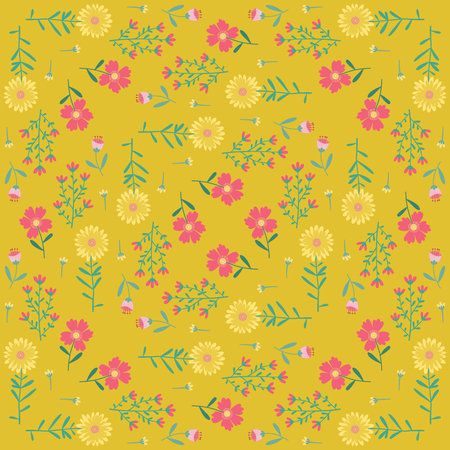 Floral Seamless Pattern of Flowers in Pink and Yellow on Old Gold Color Backdrop, Square Symmetrical...