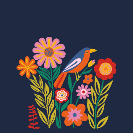 Vibrant illustration of a bird with orange body, blue head, and yellow beak among pink, red, and yellow flowers on a deep navy background with copy space for wall art, postcard design, cover, poster.のイラスト素材