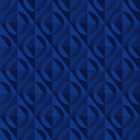 Mid-century modern inspired geometric pattern with interlocking circles and diamonds in shades of dark blue. Ideal for wallpapers, textiles, packaging, web backgrounds, or retro-themed design projectsのイラスト素材