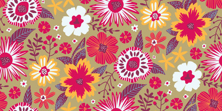 A vibrant floral pattern in a Scandinavian folk-art style with red, yellow, and white flowers on an earthy background. Ideal for fabric prints, wallpapers, gift wrap, stationery, packaging, branding.のイラスト素材