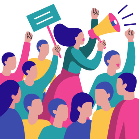 A modern, flat-style illustration of a protest with a woman leading the crowd using a megaphone. Perfect for articles, campaigns, posters, websites, social media, materials on human rights, activism.のイラスト素材