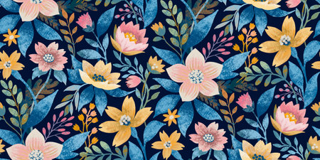 A seamless floral pattern with vibrant yellow, pink, and blue flowers with hand-painted texture on a...