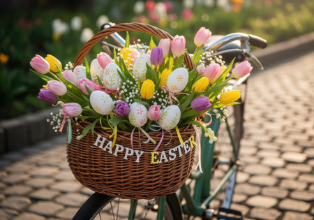 A bicycle with a wicker basket filled with colorful tulips and eggs, placed on a cobblestone path....