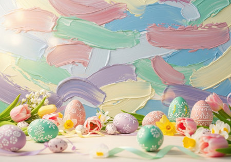 The image features a vibrant and festive arrangement of Easter eggs and flowers against a...