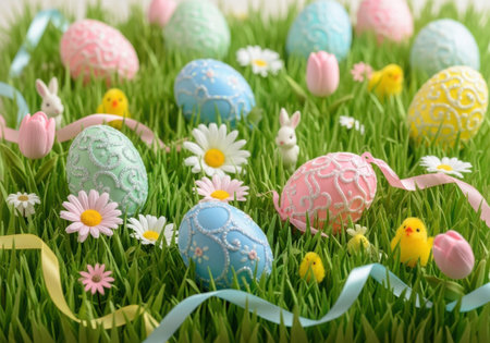 The image depicts a vibrant and colorful scene of Easter eggs and flowers in a lush green grass...