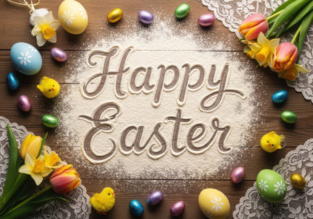 The image depicts a festive Easter celebration scene. The words 'Happy Easter' are written in the center of the image, surrounded by a border of colorful eggs and flowers. The eggs are shiny and come in various colors such as pink, blue, green, yellow, and purple. The flowers are yellow and orange tulips, and white and yellow daffodils. The background is a wooden surface with a lace doily underneath the flowers and eggs. The overall atmosphere is joyful and celebratory.の写真素材