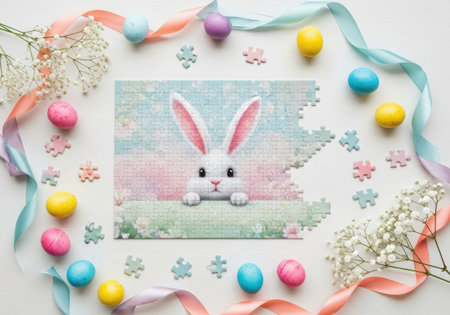 This image features a cross-stitch artwork of an Easter bunny surrounded by colorful eggs, ribbons,...