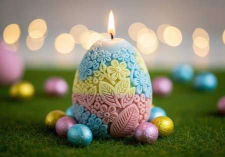 The image depicts a large, decorated Easter egg candle sitting on green grass, surrounded by...