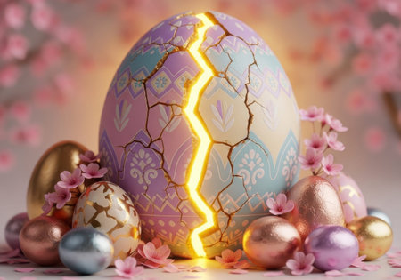 The image depicts a large, cracked Easter egg with a glowing yellow line running down its center,...