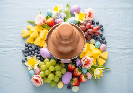 The image depicts a vibrant and colorful Easter-themed fruit platter arranged on a light blue...