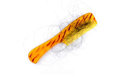 Golden comb with stripes and hair fall as well as dandruff. Phots demostration of hair loss while...
