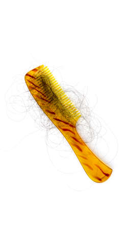 Golden comb with stripes and hair fall as well as dandruff. Phots demostration of hair loss while...