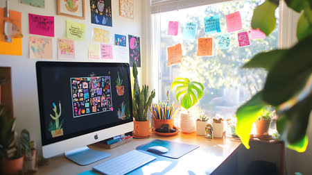 A computer monitor with a colorful background and a bunch of sticky notes on the wall. The sticky notes are in various colors and sizes, and some of them are written in different languagesの素材