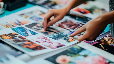 A hand is pointing at a picture of a flower. The flower is pink and has a green stemの素材