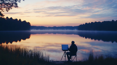 A man sits at the edge of a lake, painting the beautiful scenery. The sky is a mix of orange and pink hues, creating a serene and peaceful atmosphere. The man is focused on his artworkの素材