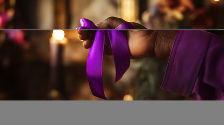 Female hands holding purple ribbon on dark background, closeup. Christmas celebrationの素材