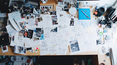 A desk with a lot of papers and a pen. The papers are scattered all over the desk and some of them are cut up. The pen is on the right side of the deskの素材