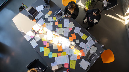 A table with a lot of papers and a few people sitting around it. Scene is busy and focusedの素材