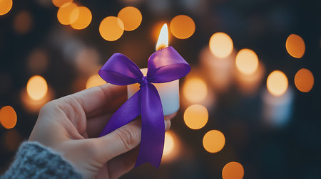Female hand holding a purple candle with a purple ribbon on bokeh backgroundの素材