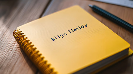 A yellow spiral notebook with the word "bic" written on it. The notebook is sitting on a wooden tableの素材