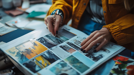 A woman is looking at a magazine with pictures of different things. She is writing down her thoughts about the imagesの素材