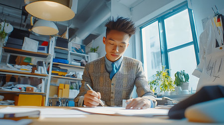 A man is writing on a piece of paper at a desk. He is wearing a plaid jacket and a blue shirt. The room is cluttered with various items, including a potted plant and a computer mouseの素材