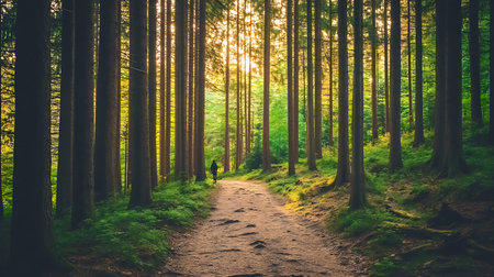 A path through a forest with a person walking on it. The path is surrounded by trees and the sunlight is shining through the leavesの素材