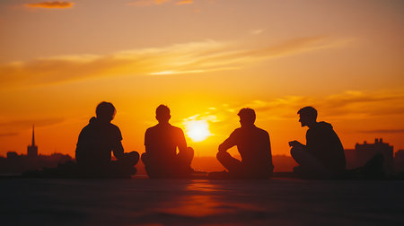 Four people are sitting on a rooftop, watching the sun set. The sky is filled with clouds, creating a moody atmosphere. The silhouettes of the people and the sun create a sense of depthの素材