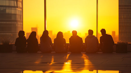 A group of people are sitting on a ledge and looking at the sun. The sun is setting and the sky is orangeの素材