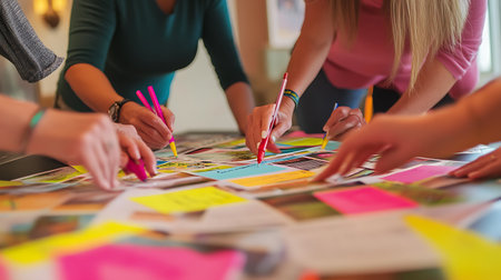 A group of women are drawing on a table with colorful markers. The table is covered with various papers and the women are working together to create a collaborative piece of artの素材