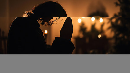 Silhouette of a young woman praying in the evening at homeの素材