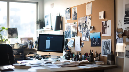 A desk with a computer monitor and a cork board with pictures and notes on it. The desk is cluttered with papers and pensの素材