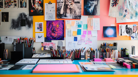 A colorful wall with many pictures and a lot of pens and pencils. The wall is decorated with many pictures and the pens and pencils are scattered around the deskの素材