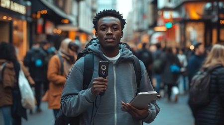 A man with a camera is standing in a busy city street. He is holding a tablet and a cell phoneの素材
